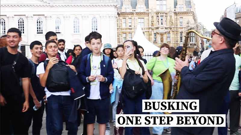 Busking 'One Step Beyond' - sax street performance, Lynden Blades, Cambridge, UK